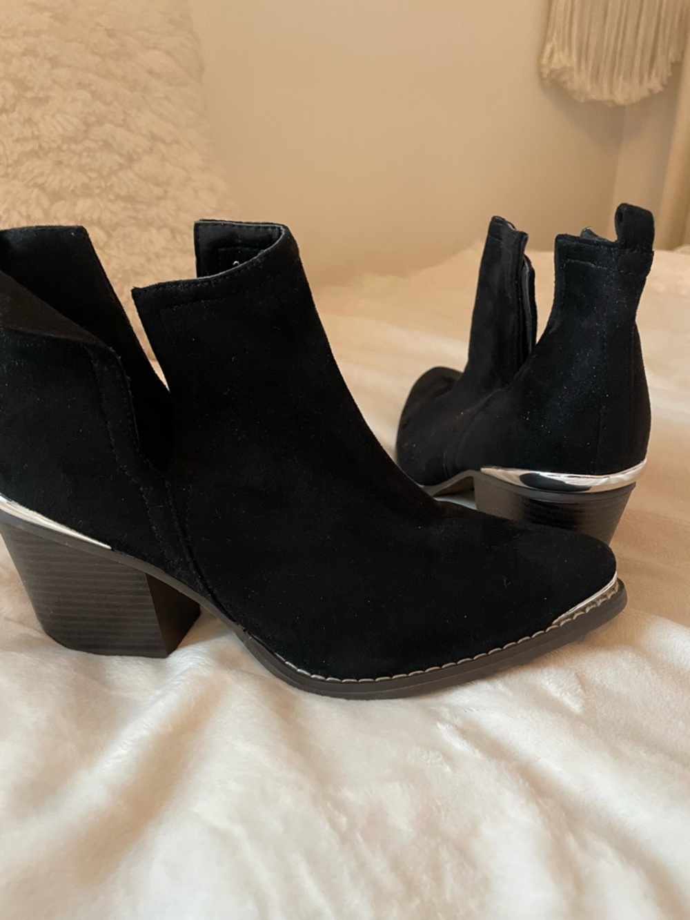 Classic Black Suede Ankle Boots with Metallic Heel Accent. 7.5